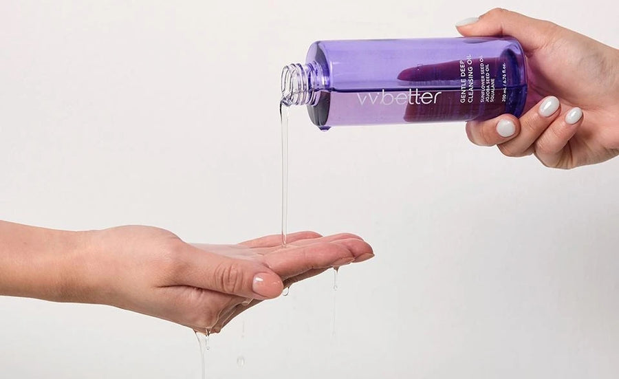 Oil poured from the bottle into a palm - VVBETTER Gentle Deep Cleansing Oil