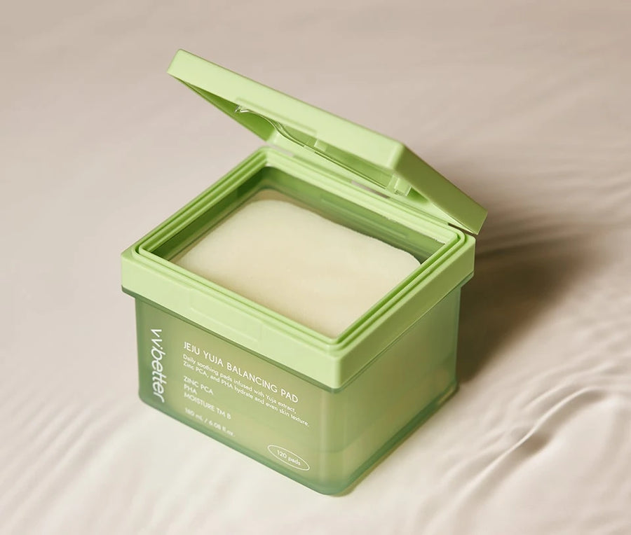 Open Jeju Yuja Balancing Pad jar showing the soaked pad stack