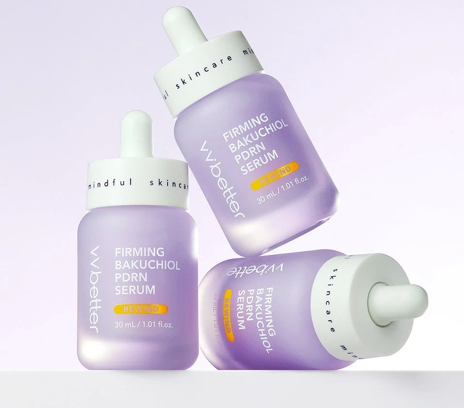 Three VVBETTER Firming Bakuchiol PDRN Serum bottles on a white ledge against a lilac background