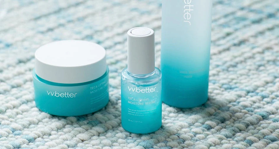 TECA cream, serum and AHA toner on a woven rug