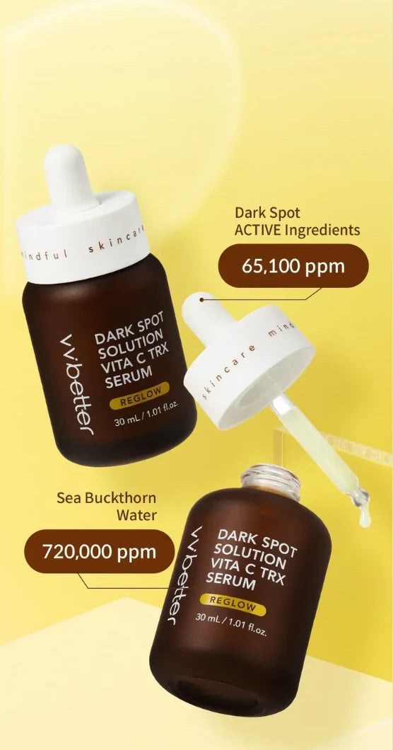 Two Dark Spot Solution Vita C TRX Serum bottles labelled Dark Spot Active Ingredients 65,100 ppm and Sea Buckthorn Water 720,000 ppm