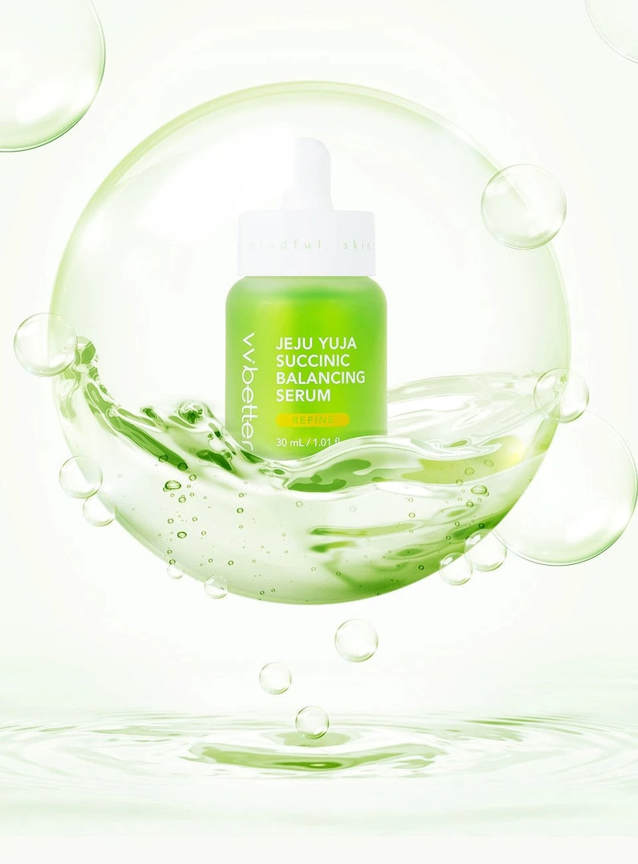 Serum bottle inside a transparent bubble with a wave of green gel serum