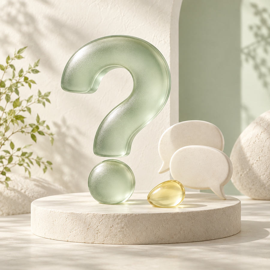 A frosted sage question mark and soft speech bubbles