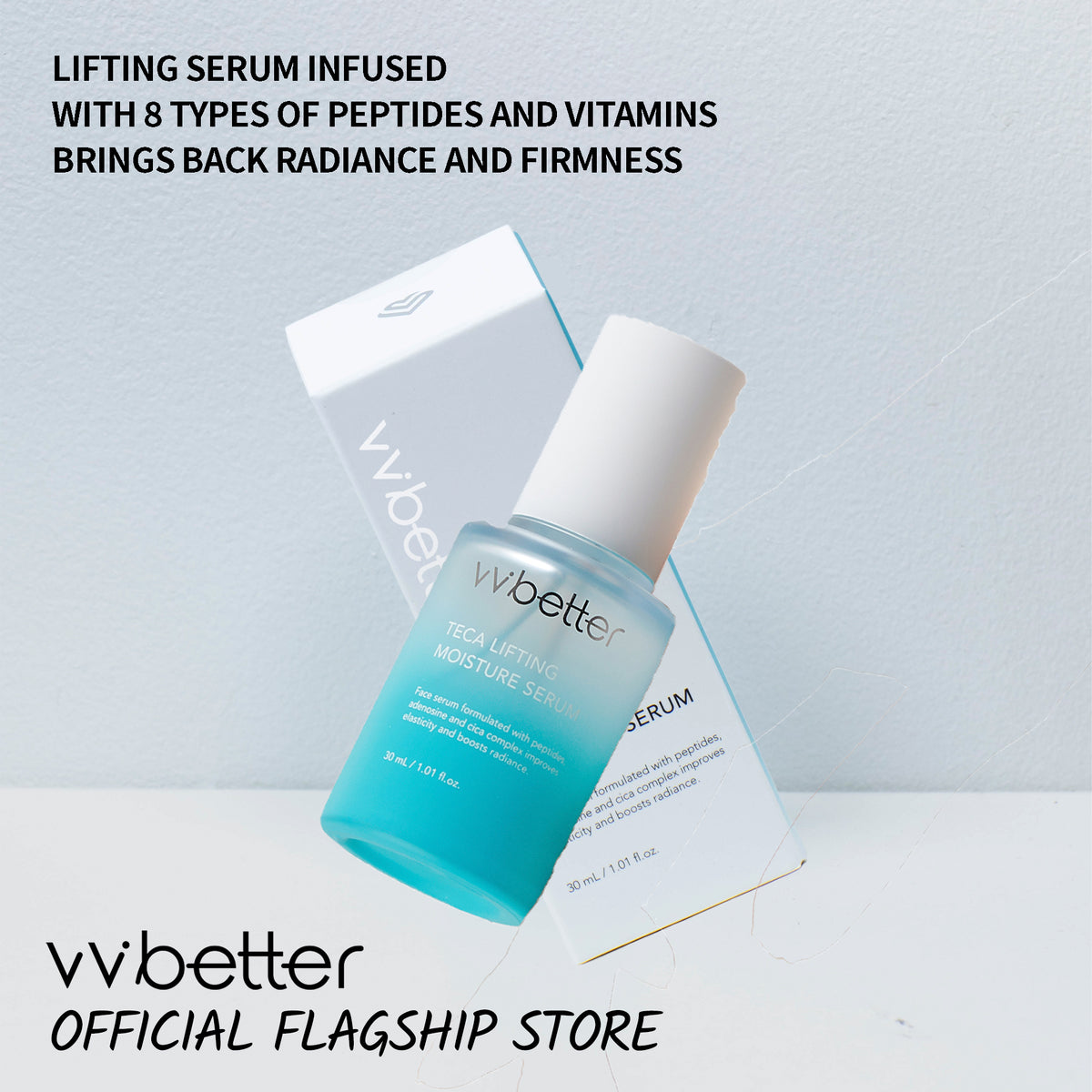 Teca Lifting Moisture Serum — bottle leaning on its white carton, headline about 8 peptides