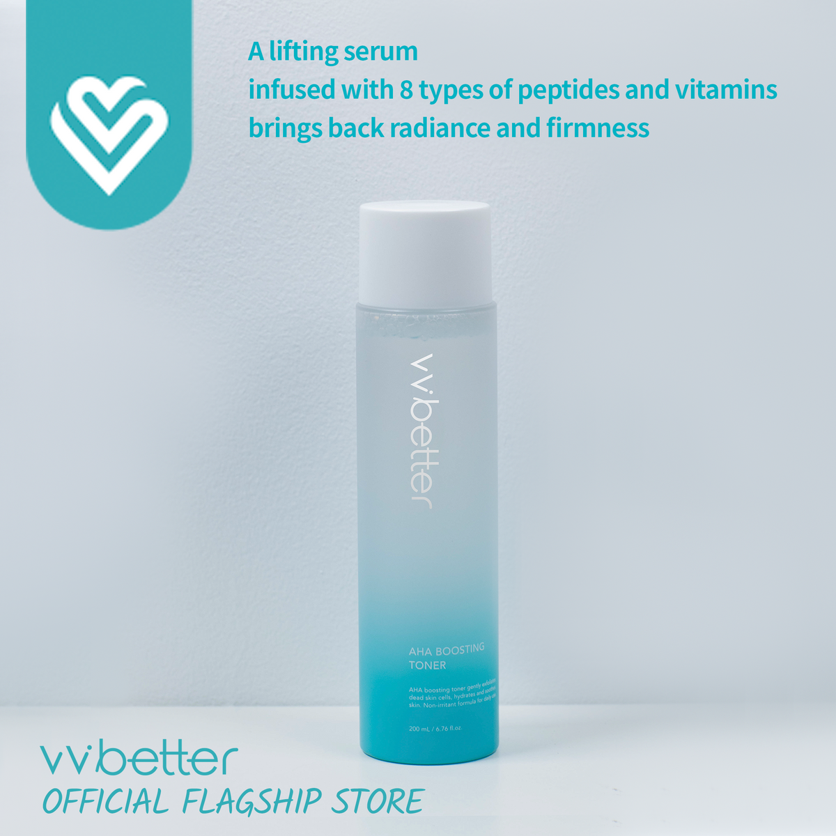 AHA Boosting Toner — bottle standing against a pale blue wall, brand logo overlay
