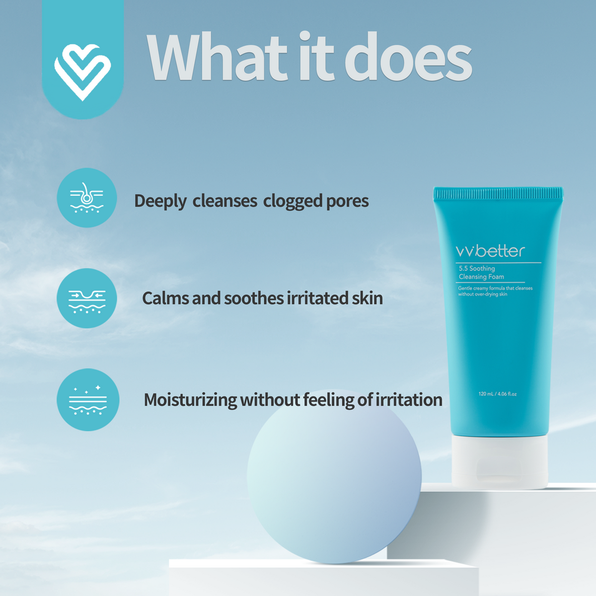 5.5 Soothing Cleansing Foam — tube on a white block with three what-it-does icons