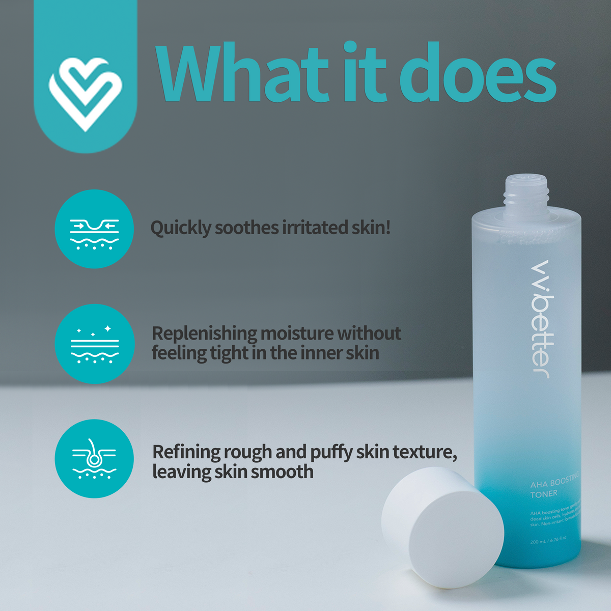 AHA Boosting Toner — open bottle with cap beside it, three what-it-does icons