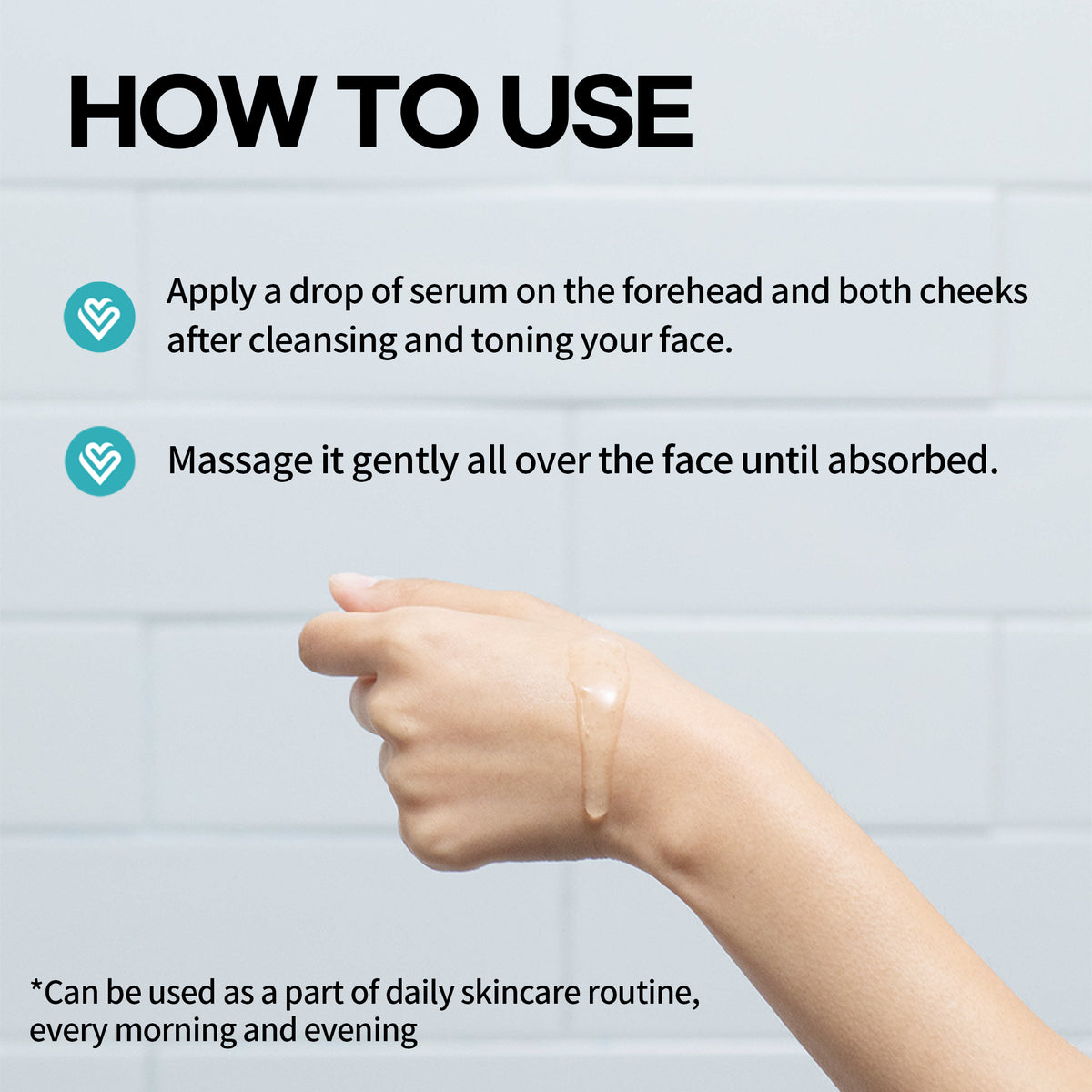 Teca Lifting Moisture Serum — a drop of serum on the back of a hand, how-to-use steps