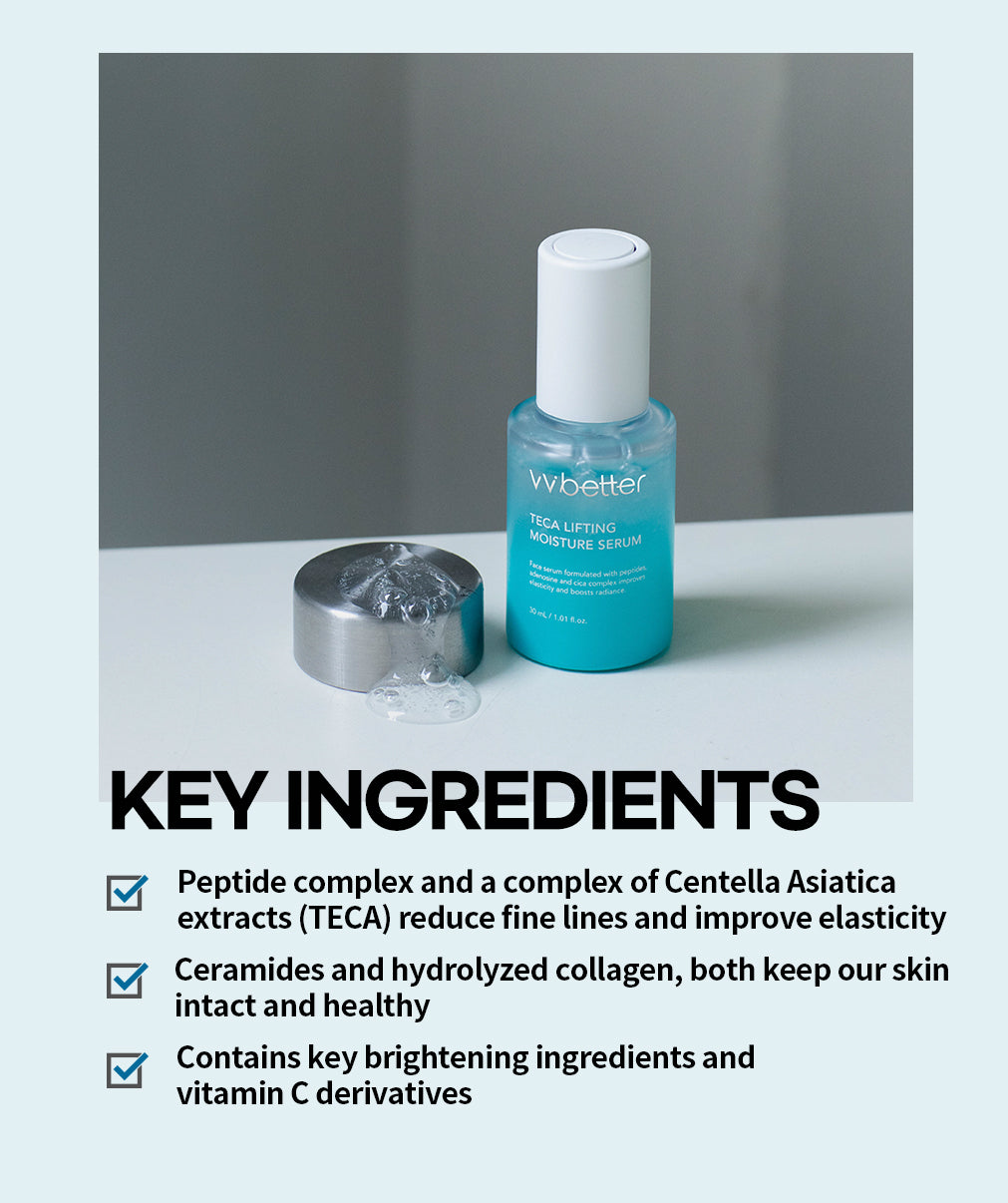 Teca Lifting Moisture Serum — bottle beside a metal cap with a drop of serum, key ingredients list