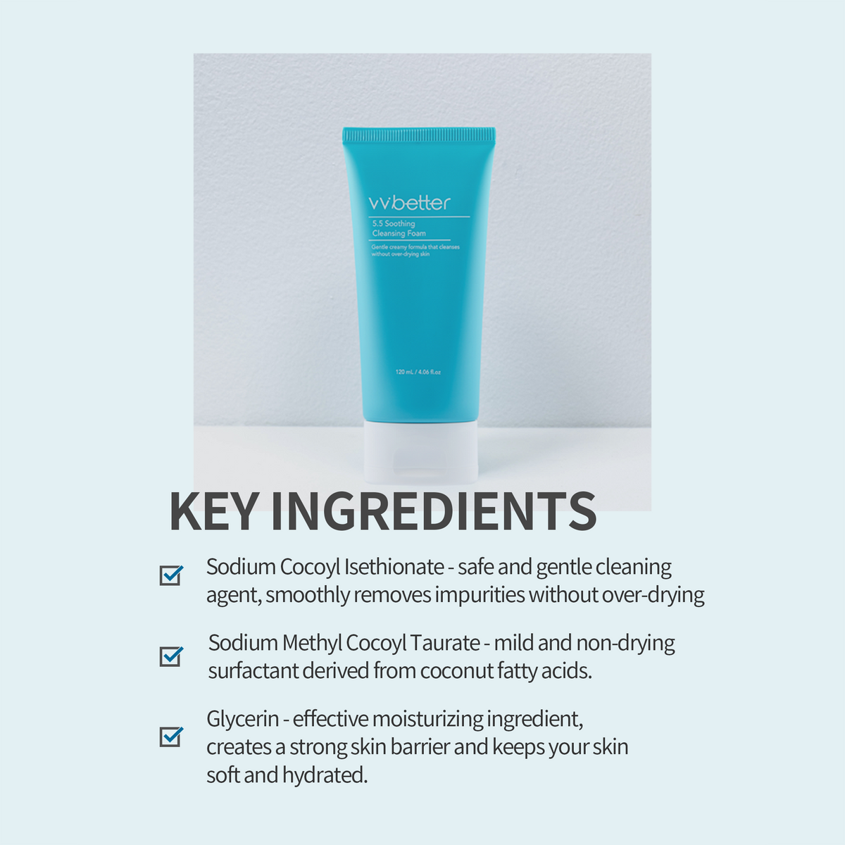 5.5 Soothing Cleansing Foam — tube standing on white, key ingredients list naming the coconut surfactants