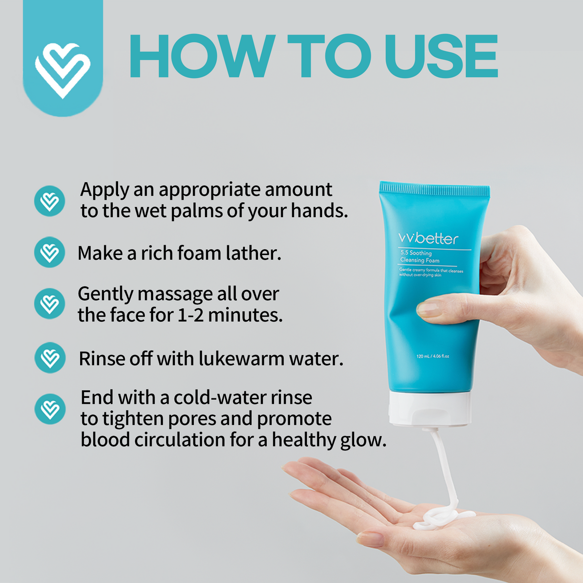 5.5 Soothing Cleansing Foam — tube squeezed in hand, five how-to-use steps