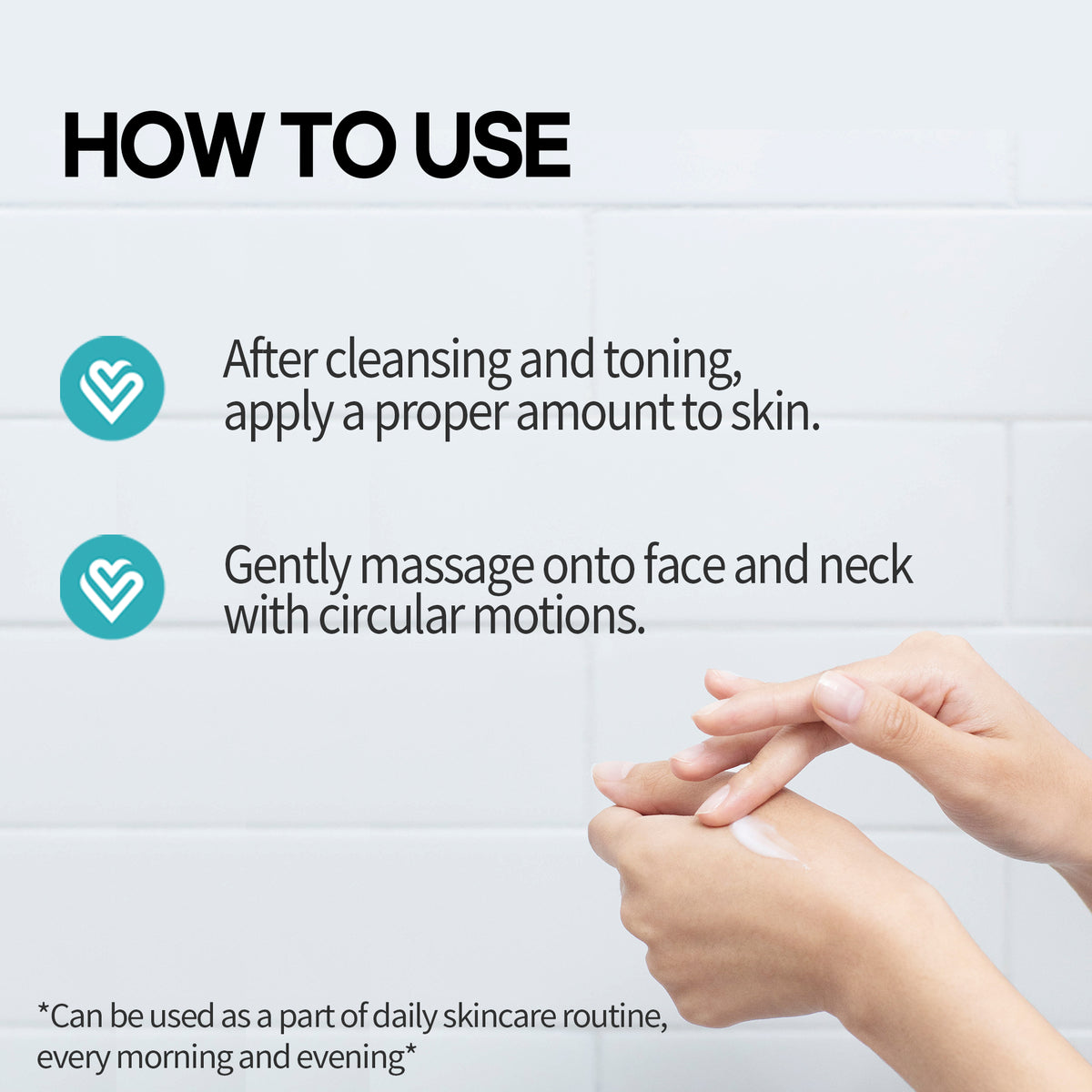 Teca Lifting Moisture Cream — a dab of cream being smoothed onto the back of a hand, how-to-use steps