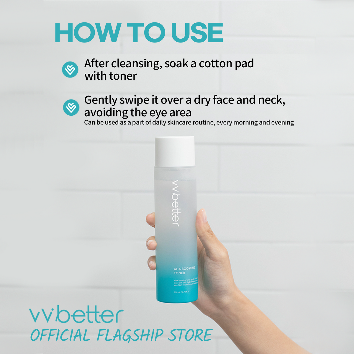 AHA Boosting Toner — bottle held in hand against white tiles, how-to-use steps with a cotton pad