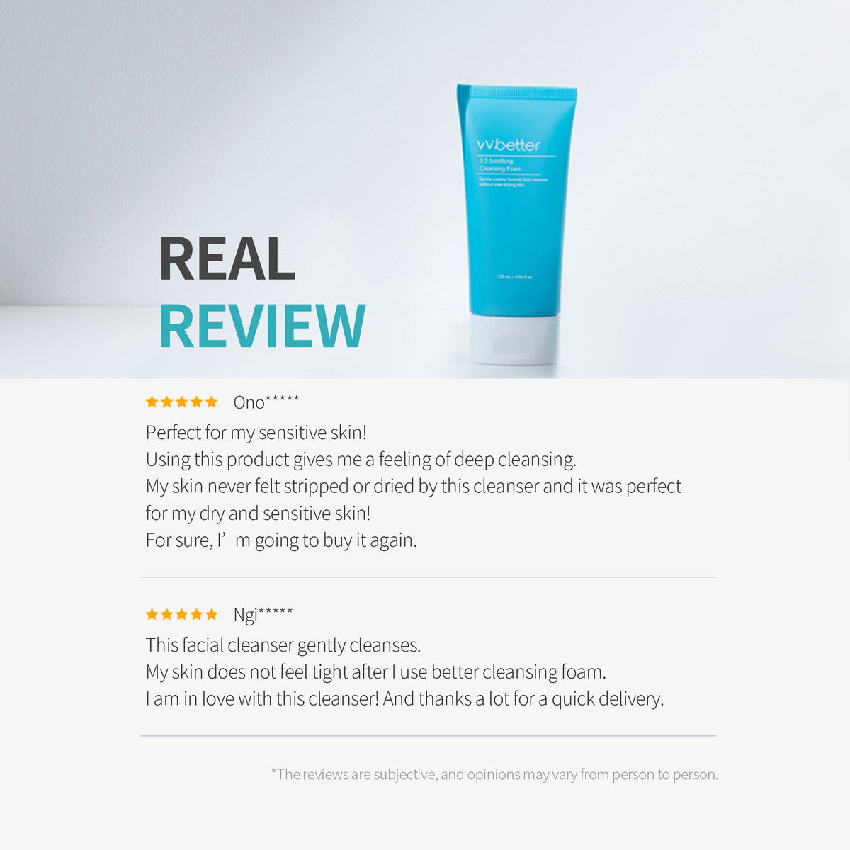 5.5 Soothing Cleansing Foam — tube on white with two customer review excerpts