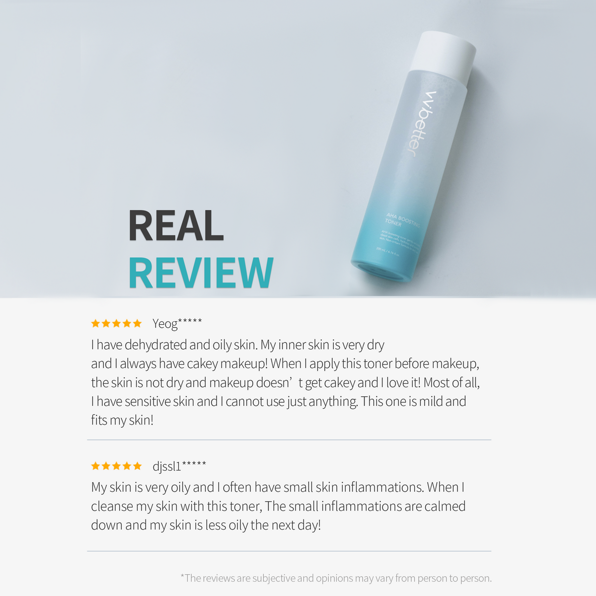 AHA Boosting Toner — bottle on white with two customer review excerpts